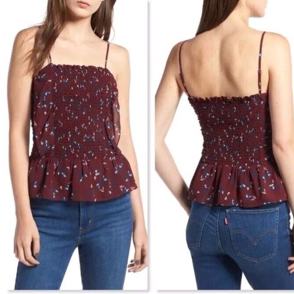 WAYF Devon Smocked Camisole Top Ruffle Burgendy Size XS - Picture 3 of 6